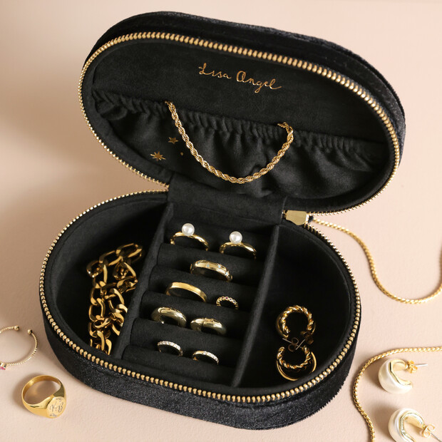 Starry Night Velvet Oval Jewellery Case In Black Lisa Angel