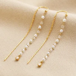 Thread Through Crystal and Pearl Chain Earrings in Gold