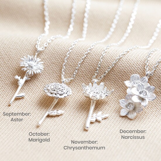 November Chrysanthemum Birthflower necklace in Silver