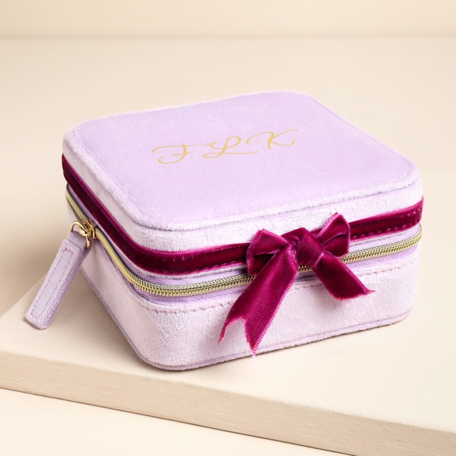 Personalised Lilac and Fuchsia Velvet Bow Square Travel Jewellery Case