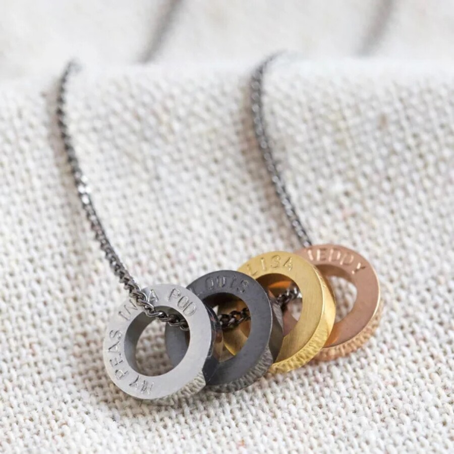 A Mens Stainless Steel Necklace with Several Disc Charms Engraved With Your Wording