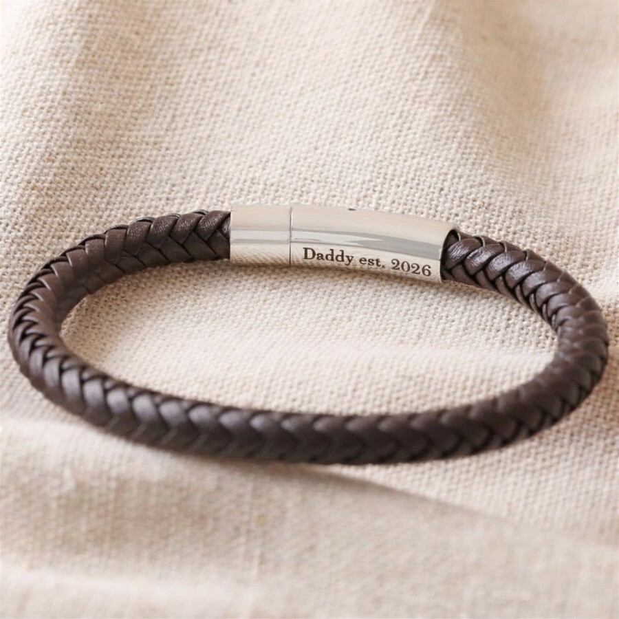 Men's Personalised Polished Leather Bracelet in Brown