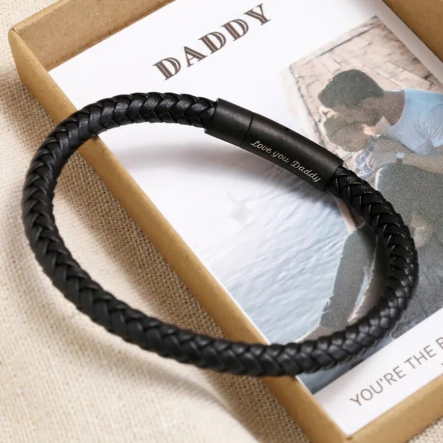 A Black Leather Bracelet Complete with Your Personalisation Nestled Inside a Daddy Themed Gift Box With Your Photograph