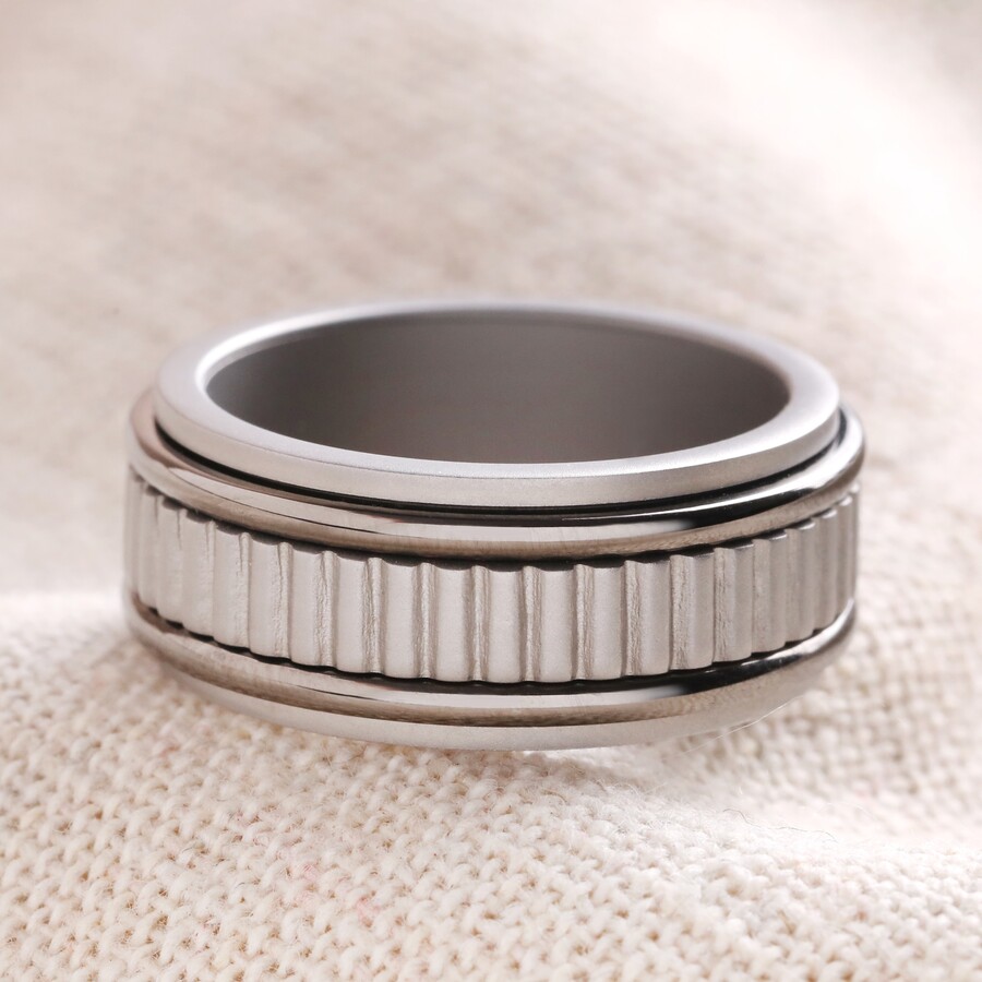 A Fidget Ring Like This Stainless Steel Ridged Mens Ring is Perfect for Gifting to Stylish Dads Who Also Need to Unwind