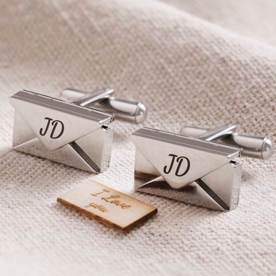 A Sweet Pair of Envelope-Shaped Cufflinks With Initials Engraved and a Tiny Wooden Token Tucked Inside