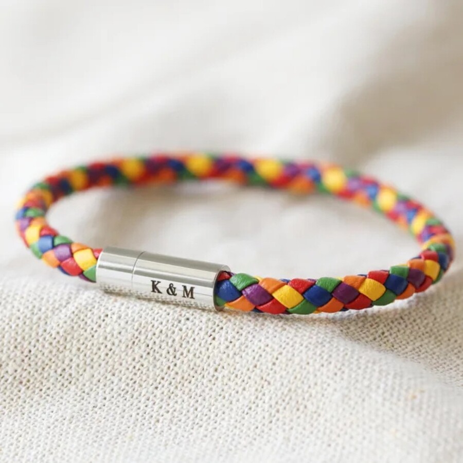 A Multicoloured Woven Leather Bracelet With a Sleek Metal Clasp Engraved With Your Own Message