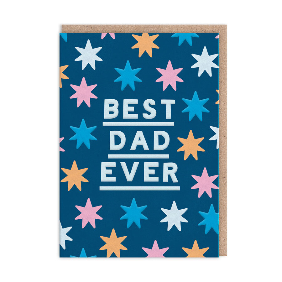 A Navy Blue Card with Colourful Star Print and Best Dad Ever Wording on the Front