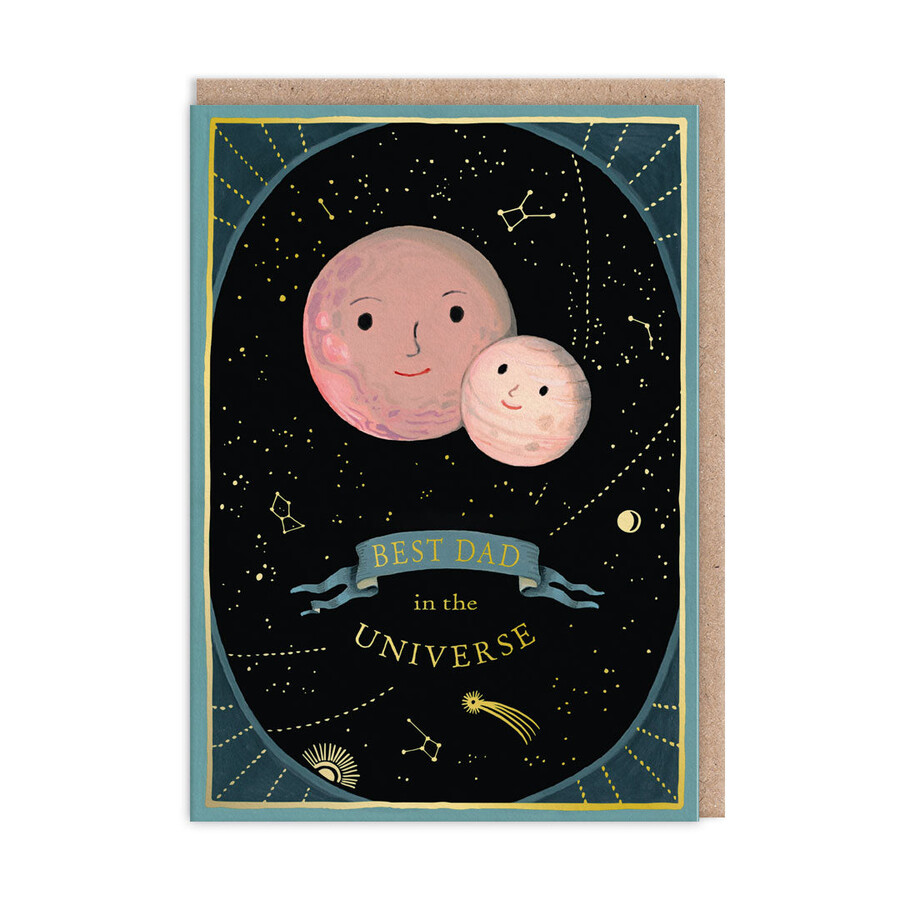 A Black and Navy Card with Gold Star Details, a Moon and Planet Illustration in the Centre and Best Dad in the Universe Wording