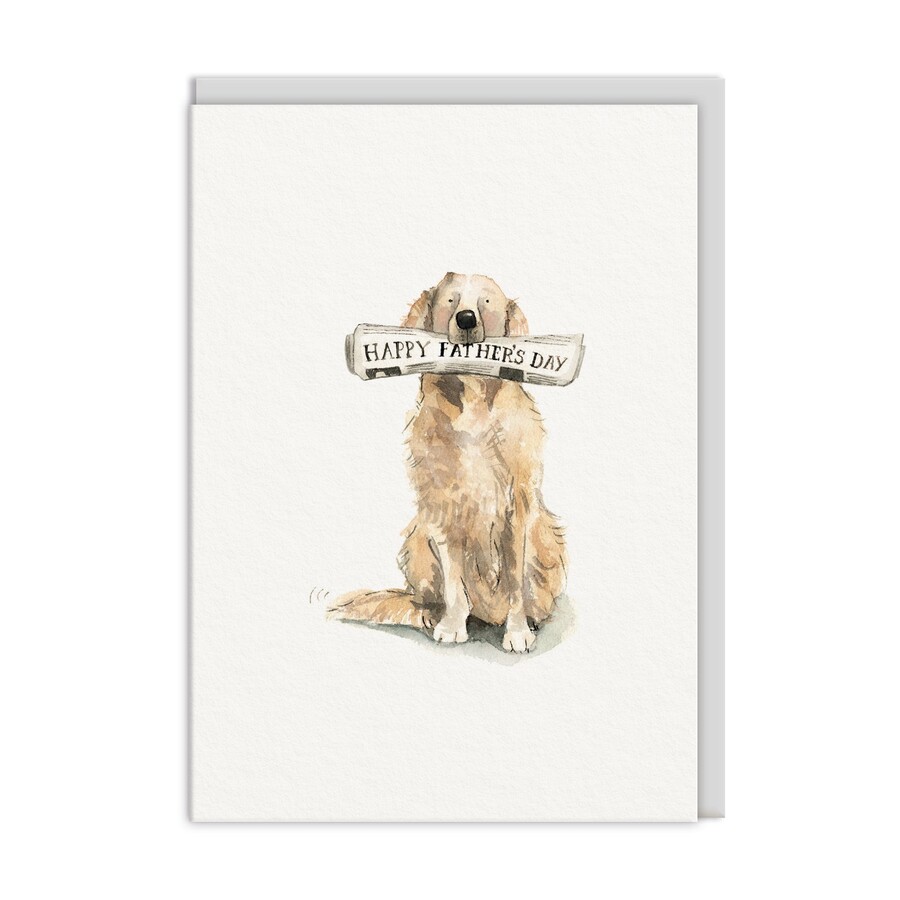 A Cream Card with a Dog Illustration with Happy Father's Day Wording on the Newspaper the Dog is Holding