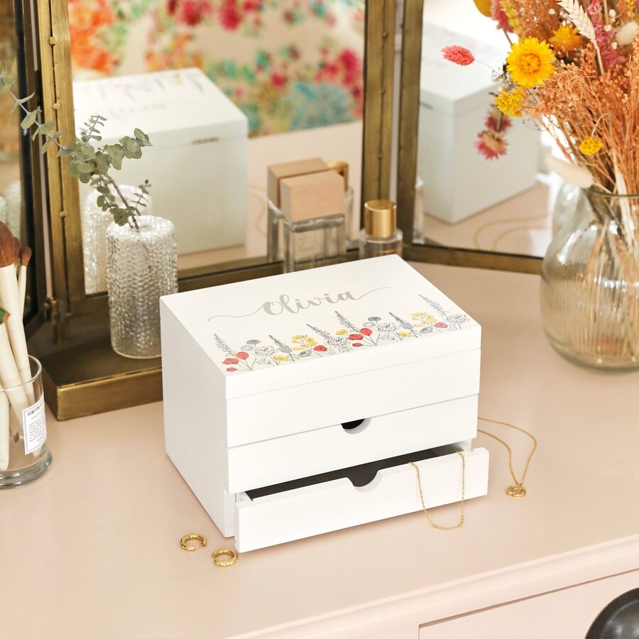 Personalised Wildflower White Jewellery Box