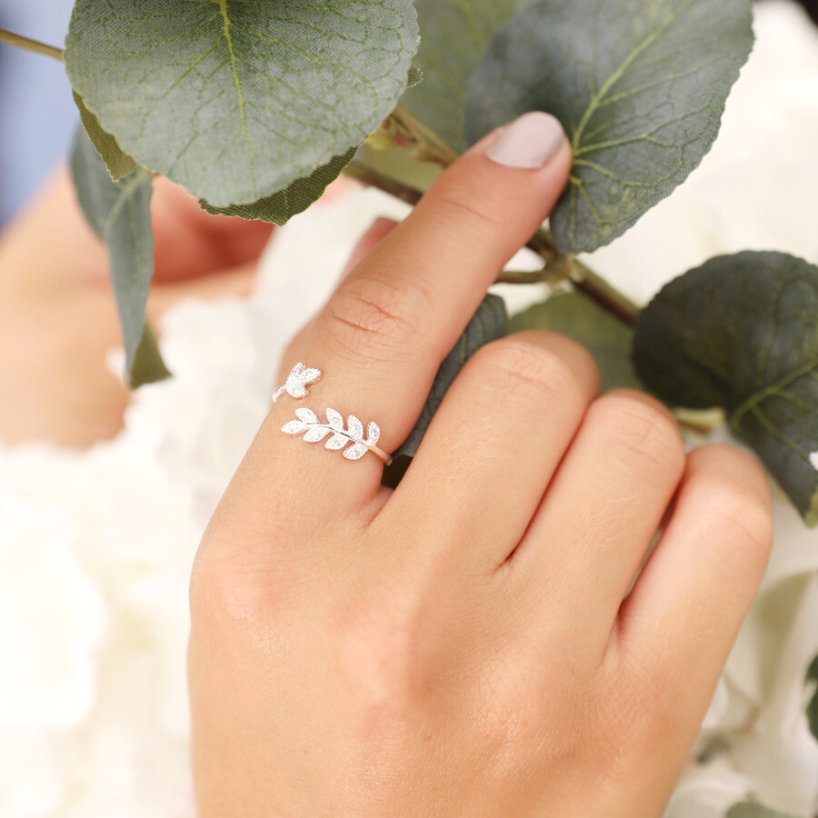 Adjustable Sterling Silver Crystal Fern Leaf Ring