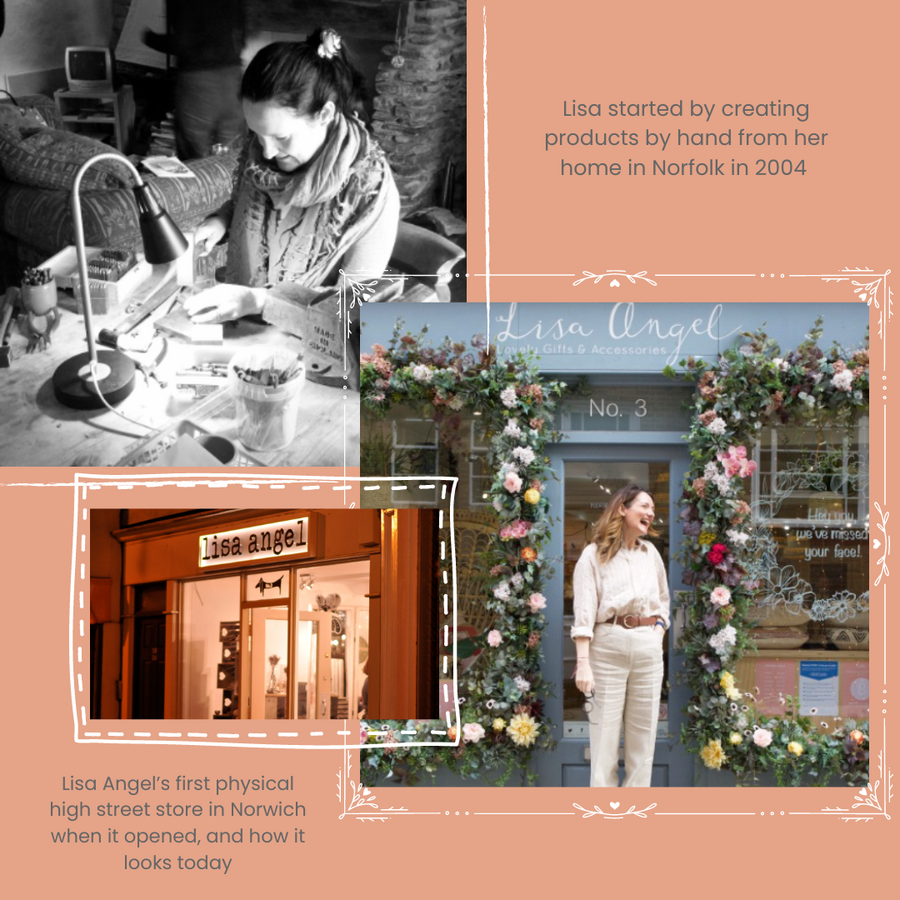 Top Left Image: Lisa Angel Hand Crafting Jewellery From Home in the Beginning, Bottom Right Image: Lisa Angel Standing Outside LGL Norwich Store