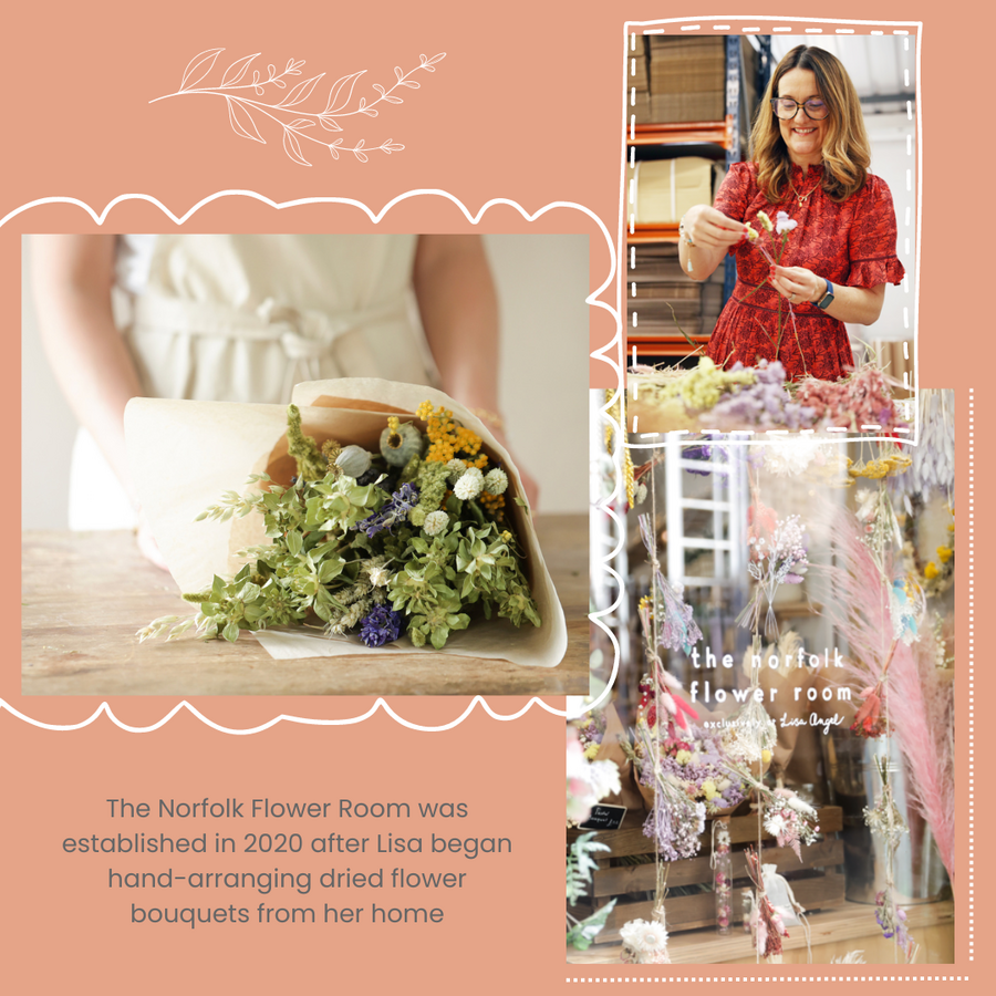 Middle Left Image: A Member of The Norfolk Flower Room Hand Arranging a Bouquet, Top Left Image: Lisa Angel Helping Out in The Norfolk Flower Room, Bottom Left Image: The Norfolk Flower Room Window in Lisa Angel LGL Store