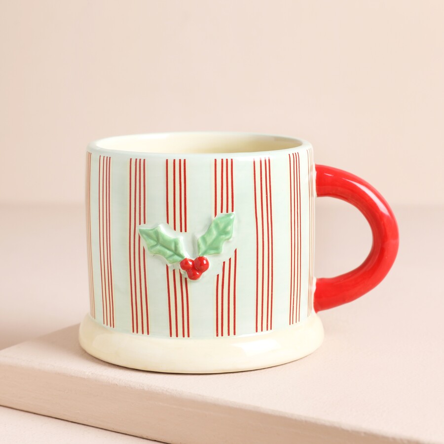 Ceramic Holly Stripe and Bow Christmas Mug