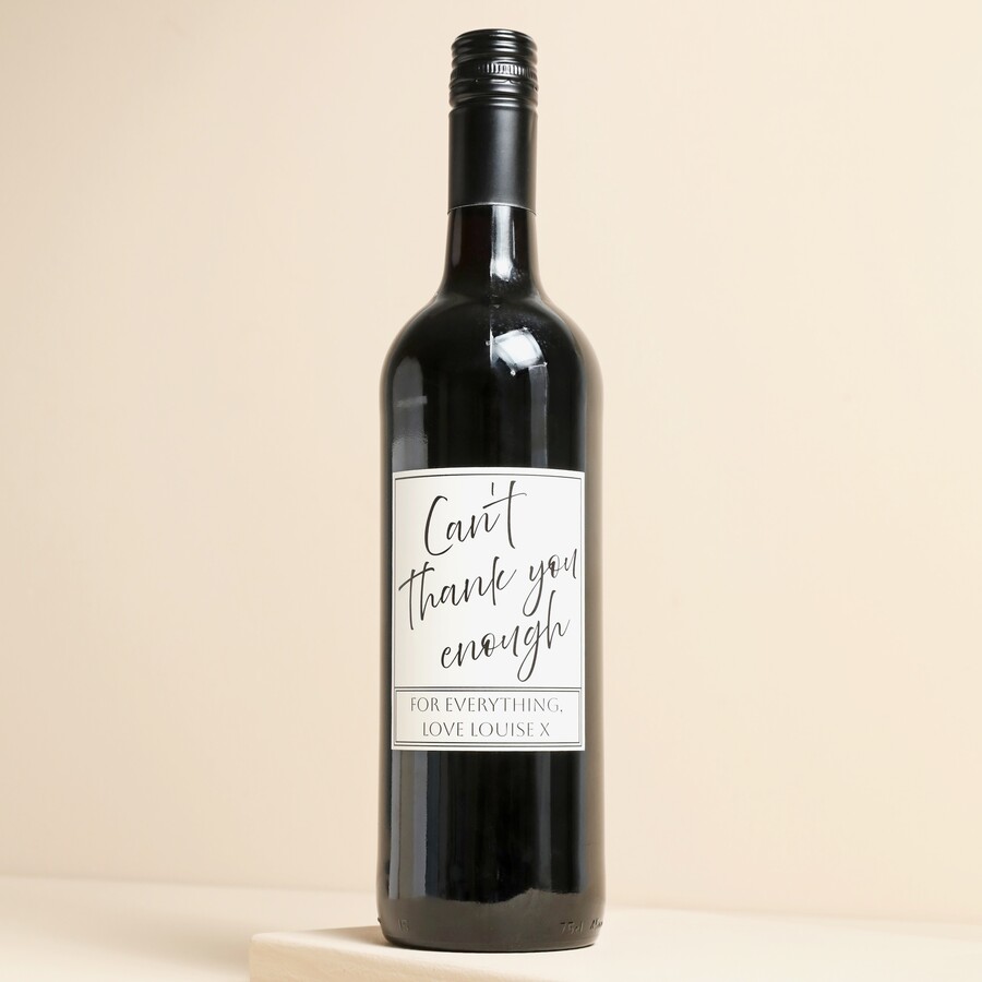 A Bottle of Red Wine Personalised With a Thank You Message Ideal for Gifting to Dad