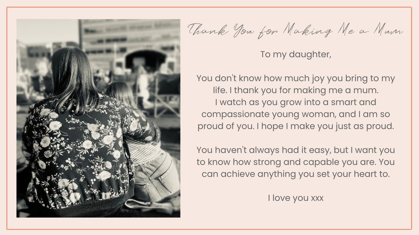 Mother's Day testimonial from Jennifer talking about her daughter making her mother and how happy she is to be her mum