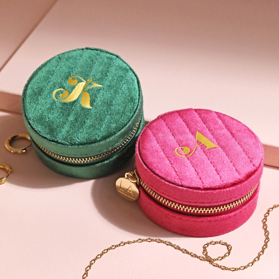 Personalised Initial Quilted Velvet Mini Round Travel Jewellery Case Makes a Great Customised Present That's Personal to Your Best Friend