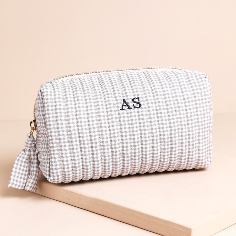 Embroidered Initials on Personalised Small Grey Gingham Linen Wash Bag