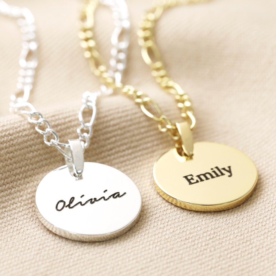Blackened Engraving on Personalised Name Disc and Figaro Chain Necklace