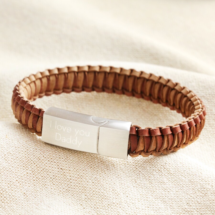 Clean Engraving on Personalised Men's Thick Braided Leather Bracelet in Brown