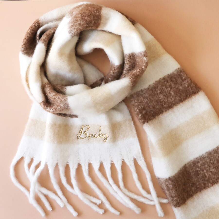 Personalised Neutral Striped Winter Scarf Using Embroidery Method