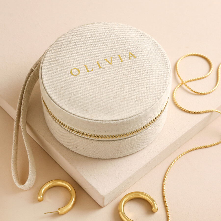Our Personalised Round Natural Linen Jewellery Case is a Classic Gifting Piece that Uses our Vinyl Personalisation Method to Create a Piece to Treasure