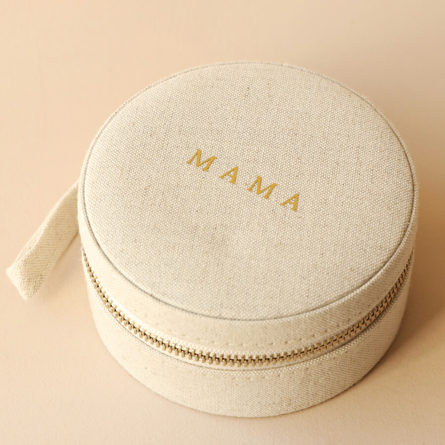 Personalised Round Natural Linen Jewellery Case With Vinyl Stick on Method
