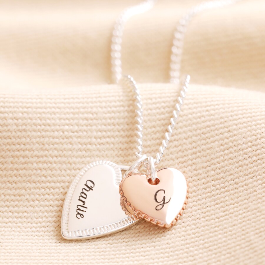 Blackened Engraving on Personalised Mixed Metal Textured Double Heart Necklace in Silver