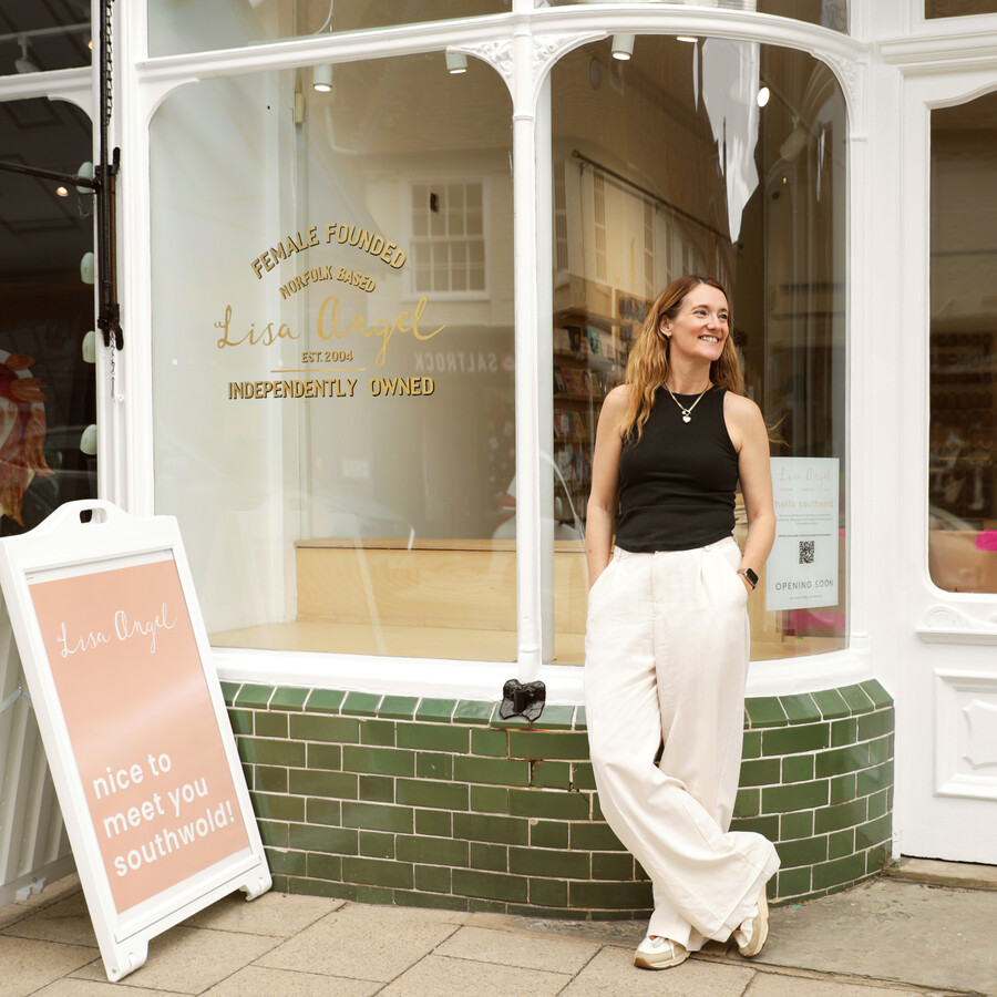 Founder, Lisa Angel Outside New Lisa Angel Store in Southwold