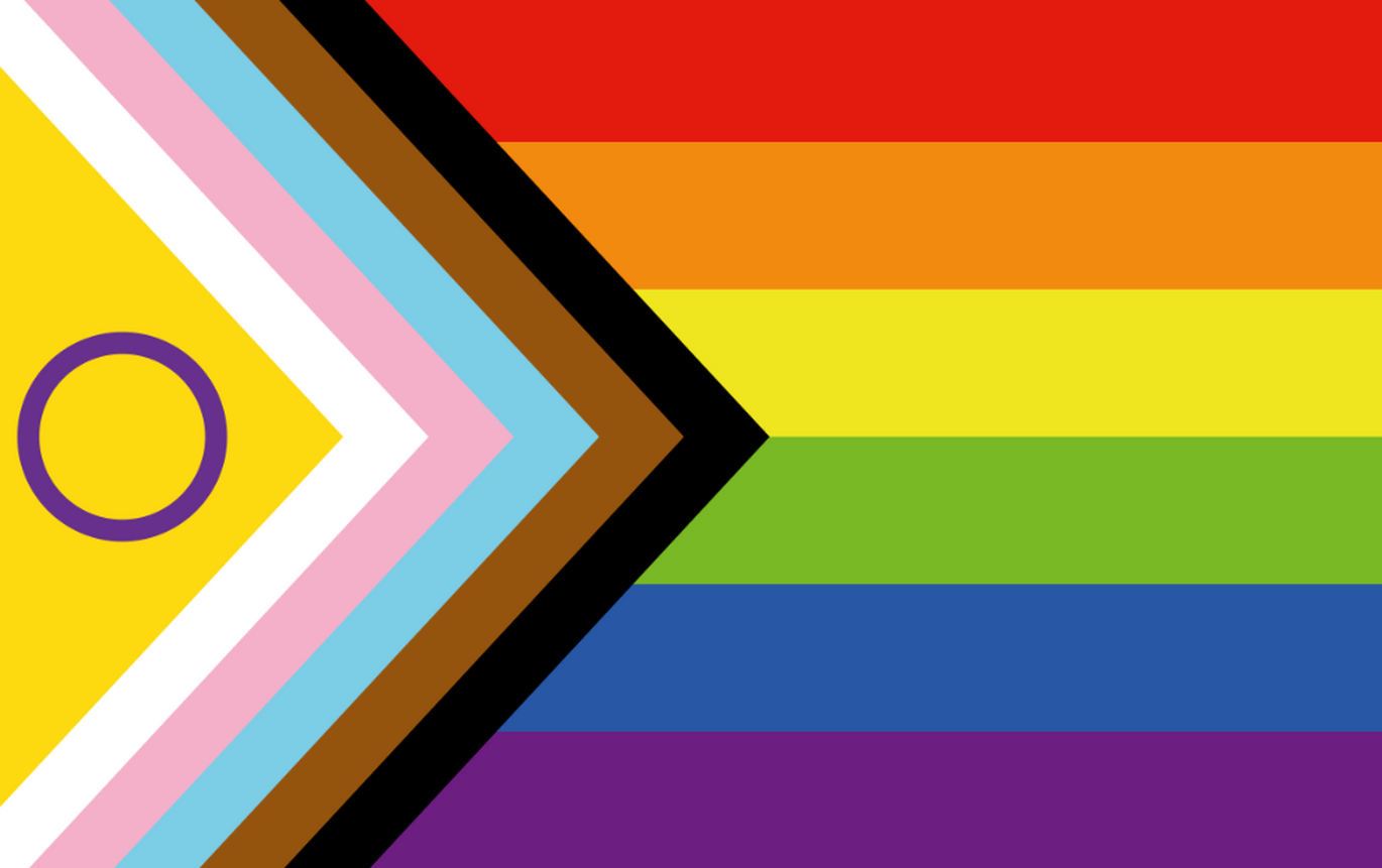 Progress Pride Flag with the Gay Pride Flag Featuring a Triangle of Brown, Black, Blue, Pink and White Stripes and the Intersex Flag
