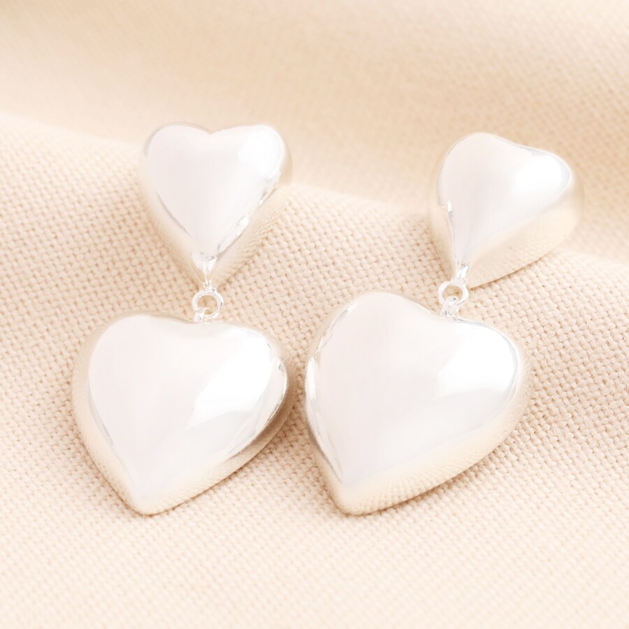 Chunky Double Heart Drop Earrings in Silver