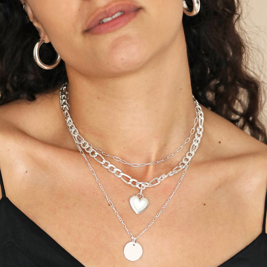 Chunky Figaro Chain and Shell Heart Pendant Necklace in Silver