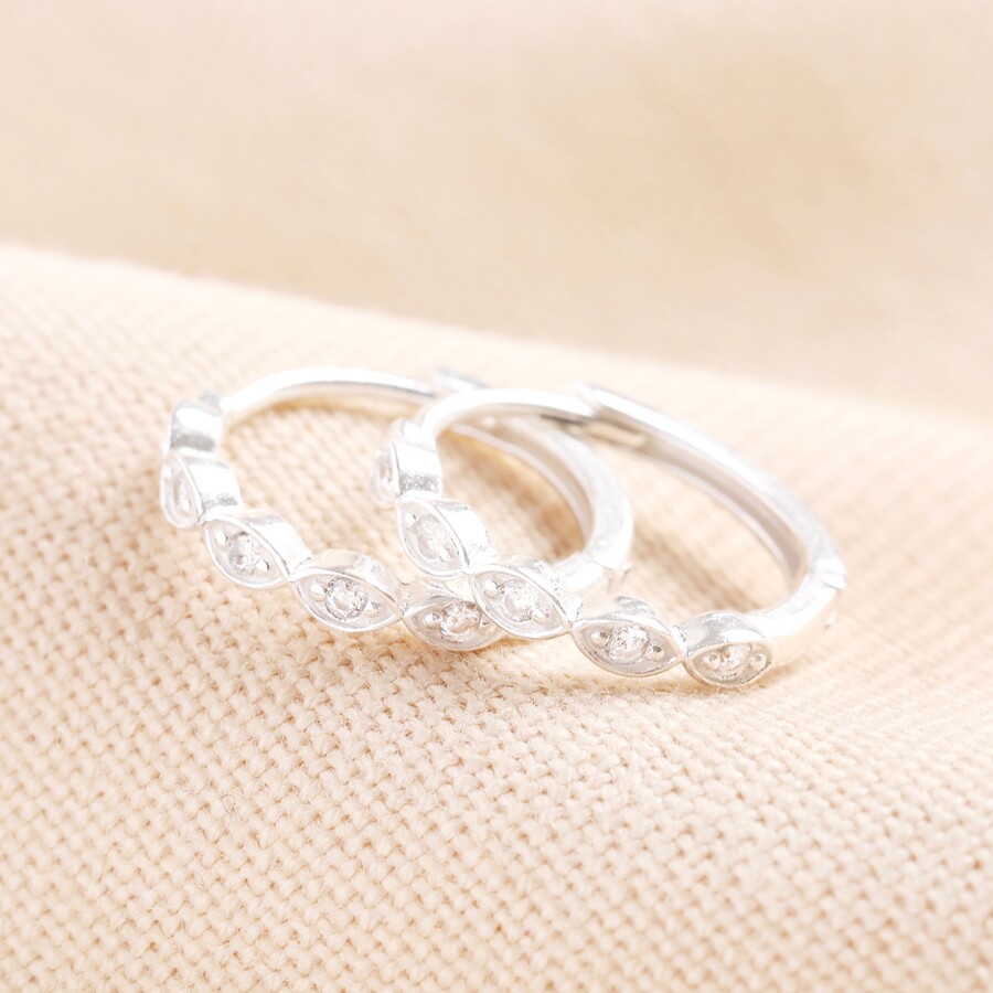 Sterling Silver Scalloped Edge Crystal Huggie Hoop Earrings