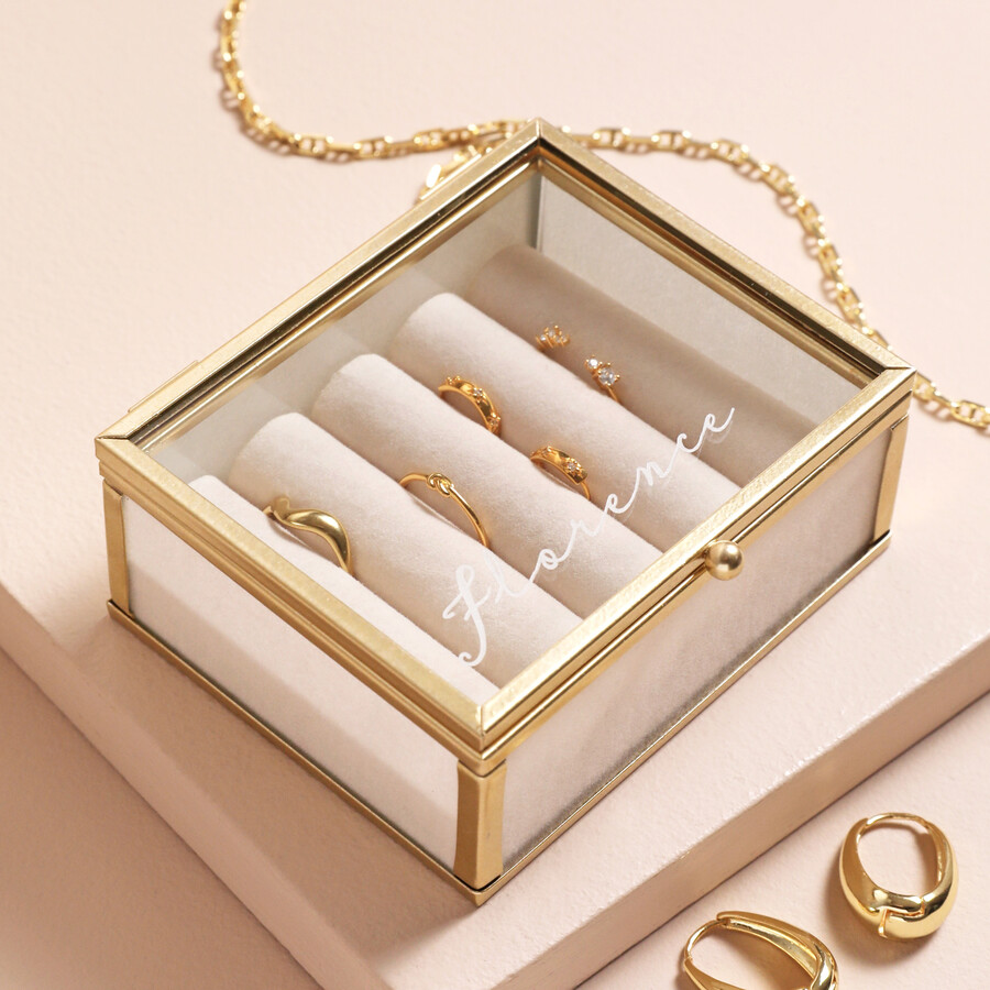 This Personalised Name Mini Glass Jewellery Box in Gold is Ideal for Storing a Large Collection of Gold Jewellery and Keeping it Safe from Tarnishing