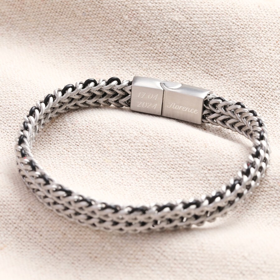 Personalised Men's Stainless Steel Black Cord Woven Chain Bracelet
