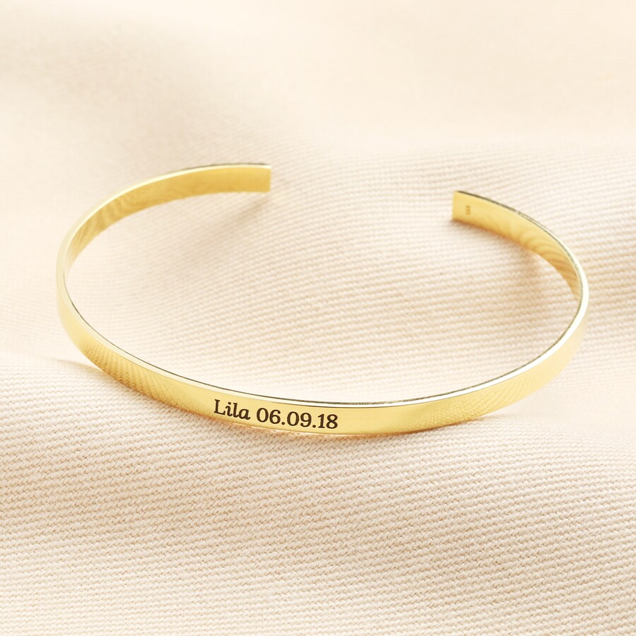 Personalised Sterling Silver Flat Open Torque Bangle in Gold