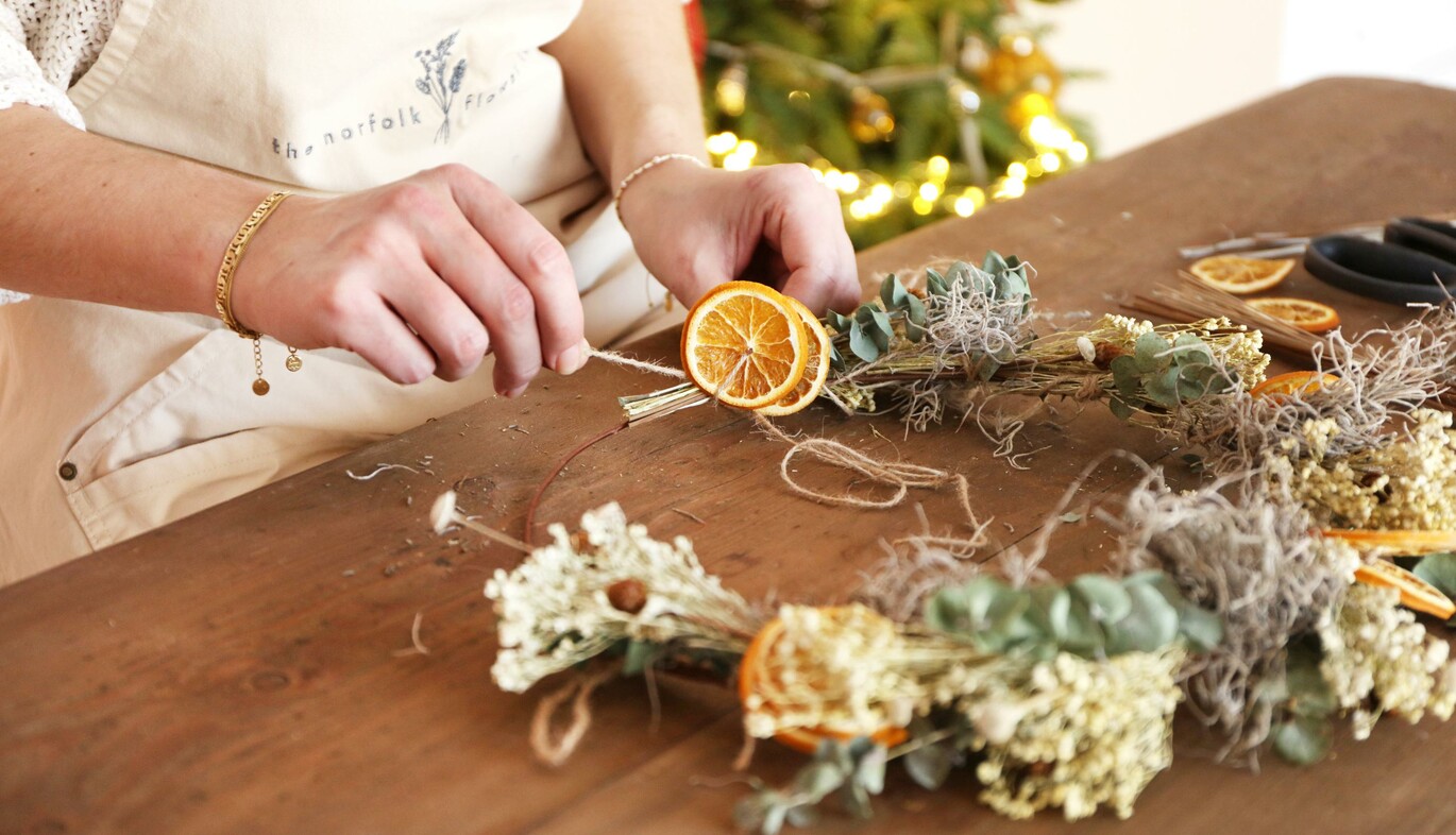 The Norfolk Flower Room building our Gingerbread Christmas Dried Flower Wreath Making Kit