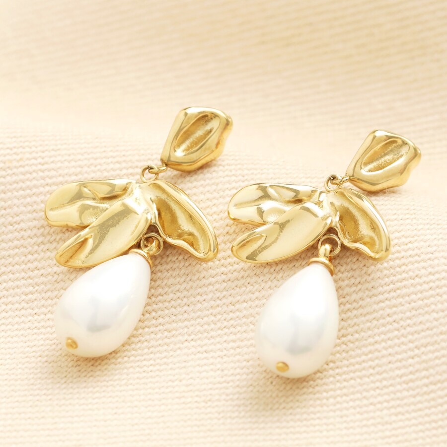 Leaf and Pearl Drop Earrings in Gold