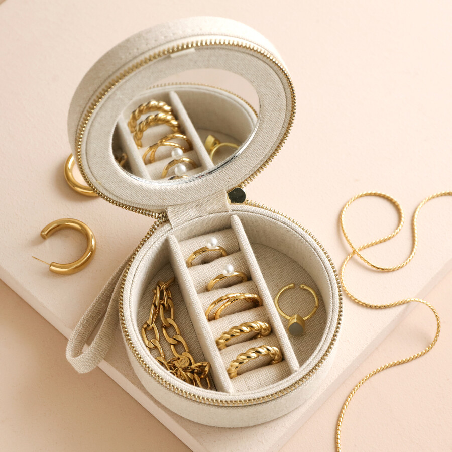 Personalised Round Natural Linen Jewellery Case