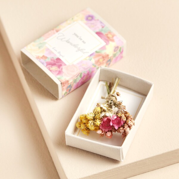 You're So Wonderful Tiny Matchbox Dried Flower Posy is a Great Token Gift for a Mother of the Bride