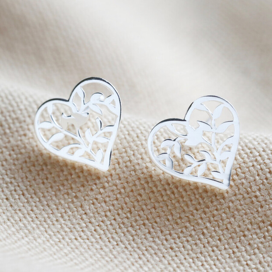 Sterling Silver Family Tree Heart Stud Earrings