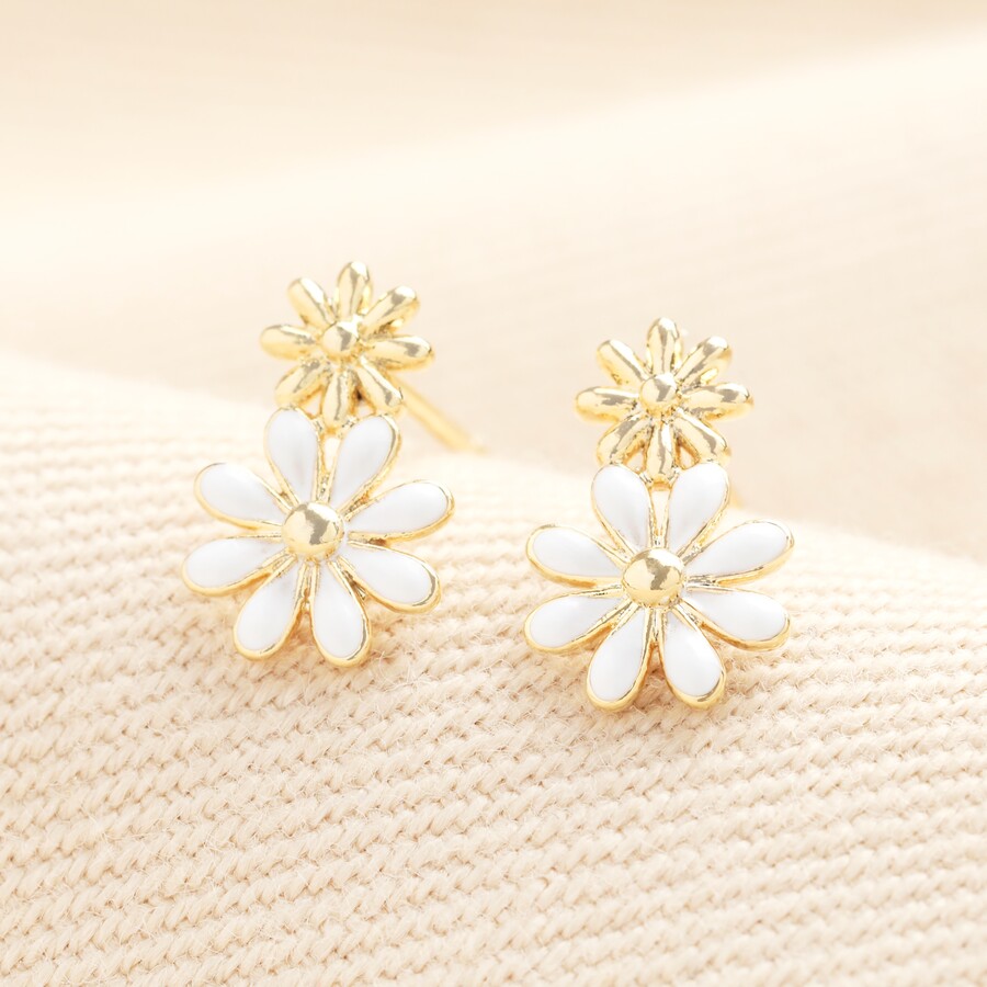 Estella Bartlett White Enamel Double Flower Stud Earrings in Gold