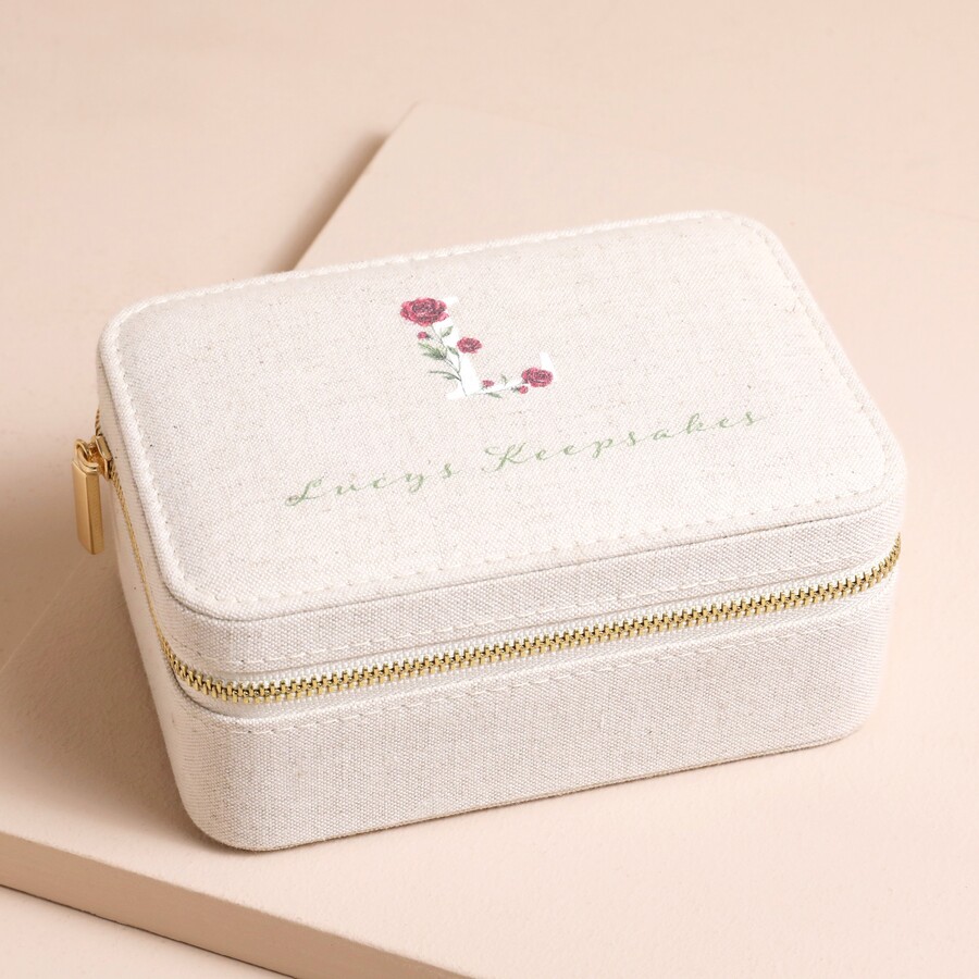 Personalised Floral Initial Linen Jewellery Case