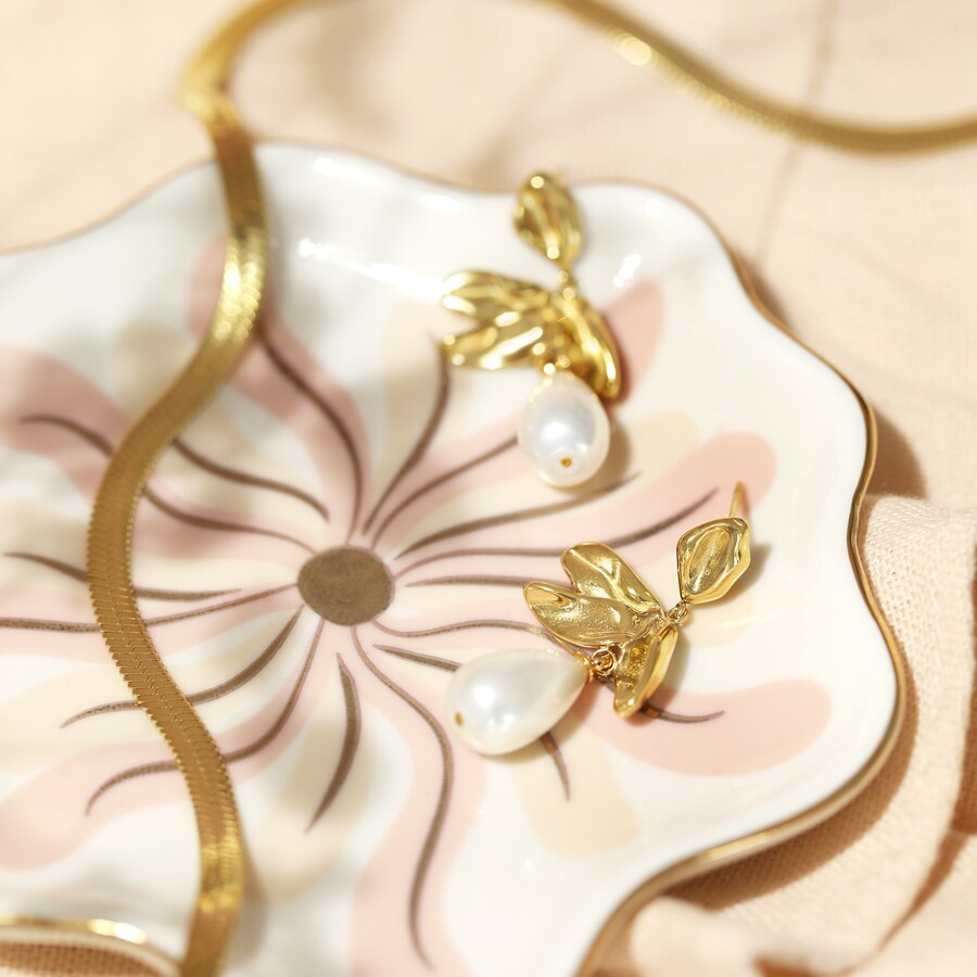 Leaf and Pearl Drop Earrings in Gold