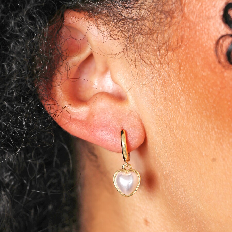 Pearl Heart Charm Huggie Hoop Earrings in Gold
