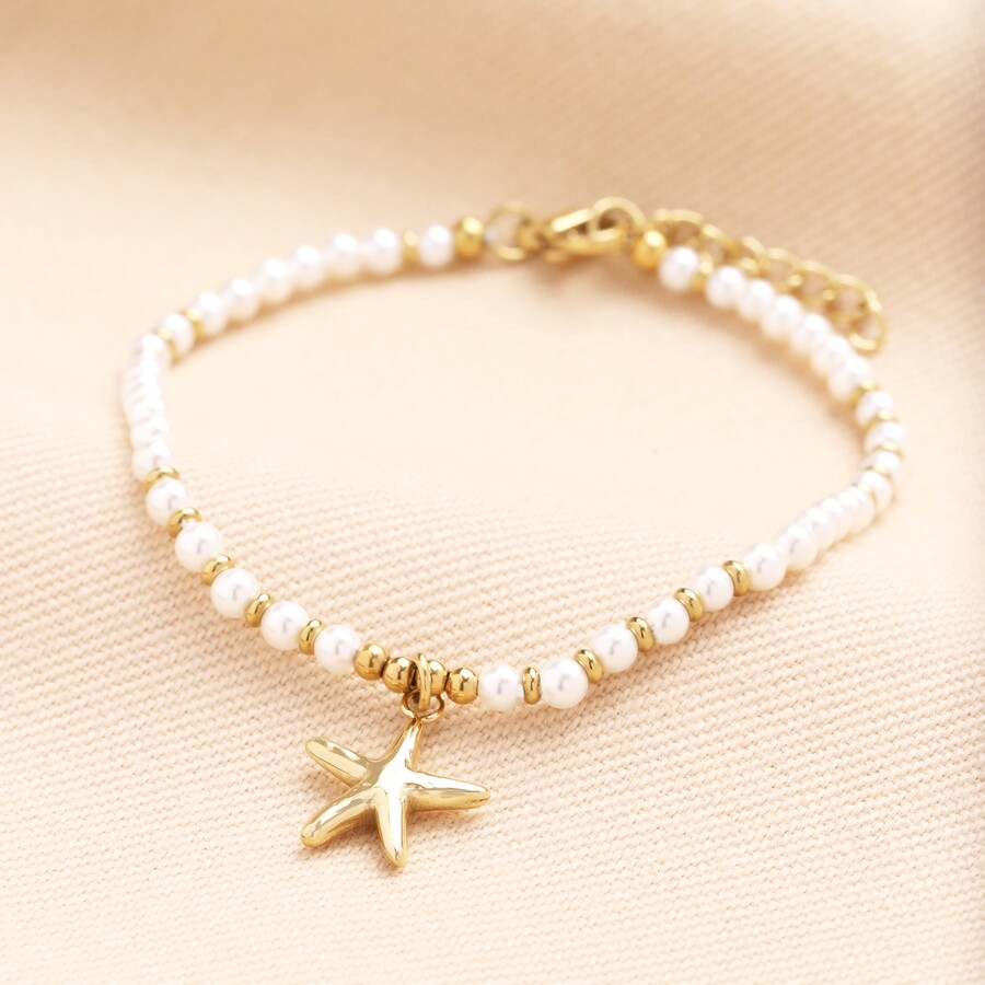 Stainless Steel Beaded Pearl Starfish Charm Bracelet in Gold