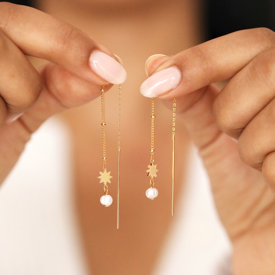 Thread Through Star and Pearl Chain Earrings in Gold