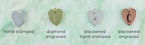 lisa angel personalised initials engraved and hand stamped on heart charms