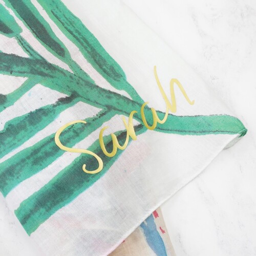 watercolour lovebirds scarf personlised in gold vinyl with name sarah