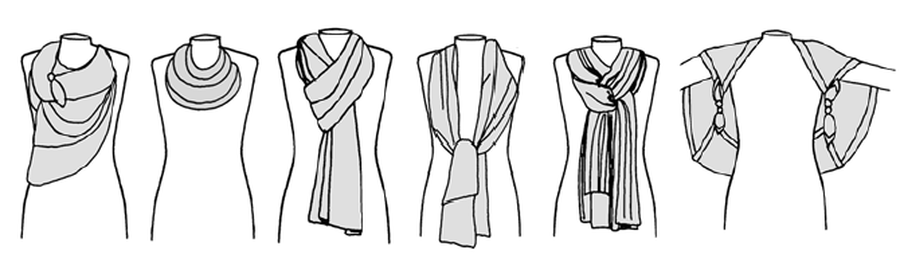 line drawing of 6 ways to tie a scarf